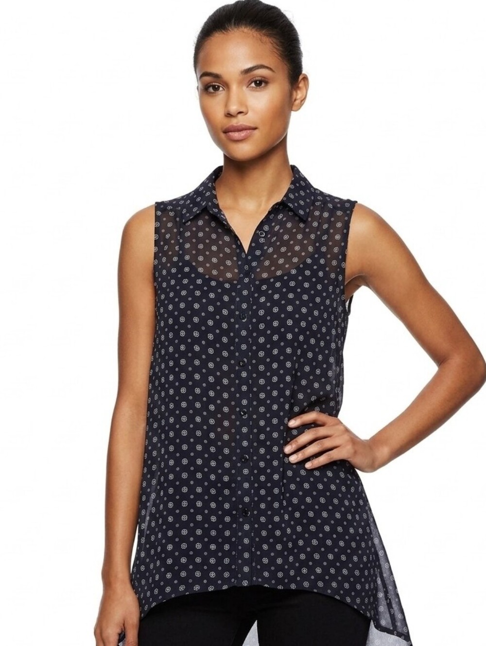 H&M sleeveless pattern blouse black & white low high hem size  2